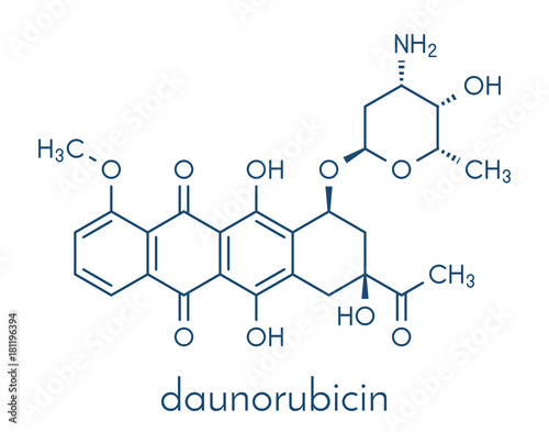 Daunorubicin (daunomycin) cancer chemotherapy drug molecule. Skeletal formula.