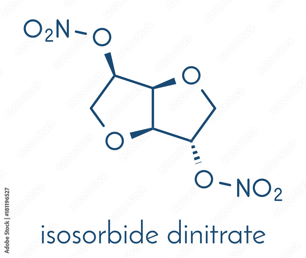 Isosorbide dinitrate (ISDN) vasodilator drug molecule. Used in treatment of heart related chest pain. Skeletal formula.