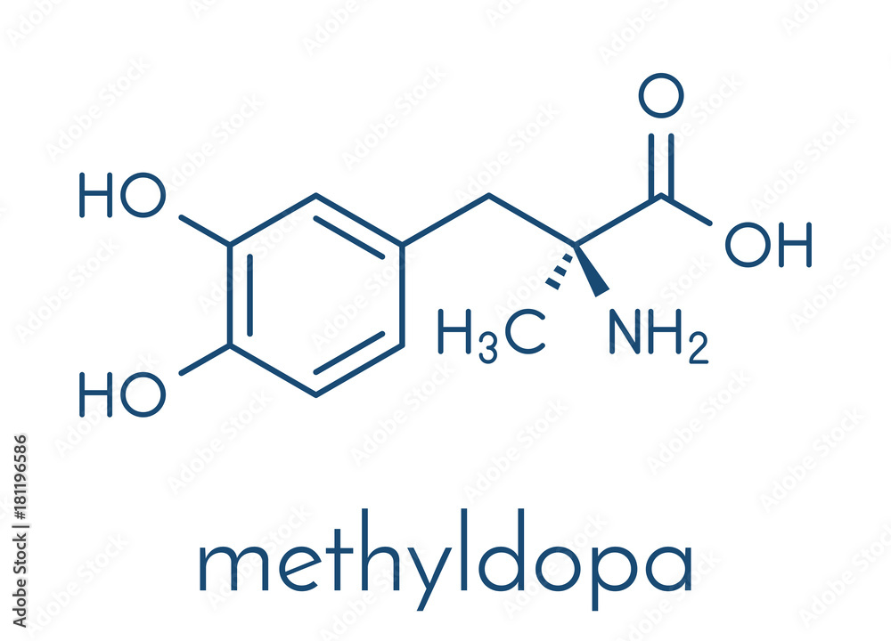 Methyldopa high blood pressure (hypertension) drug molecule. Skeletal formula.