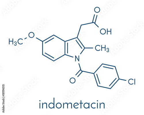 Indomethacin (indometacin) non-steroidal anti-inflammatory drug (NSAID) molecule. Skeletal formula.