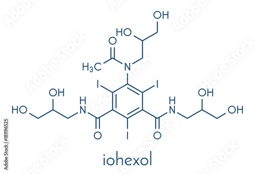 Iohexol contrast agent molecule. Used in coronary angiography procedures. Skeletal formula.