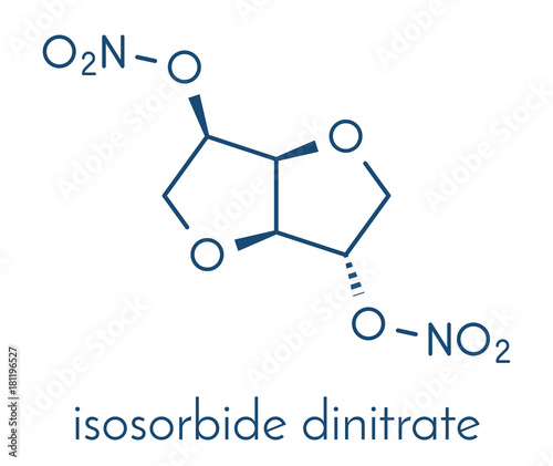 Isosorbide dinitrate (ISDN) vasodilator drug molecule. Used in treatment of heart related chest pain. Skeletal formula. photo