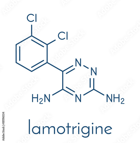 Lamotrigine seizures drug molecule. Used in treatment of epilepsy and bipolar disorder. Skeletal formula.