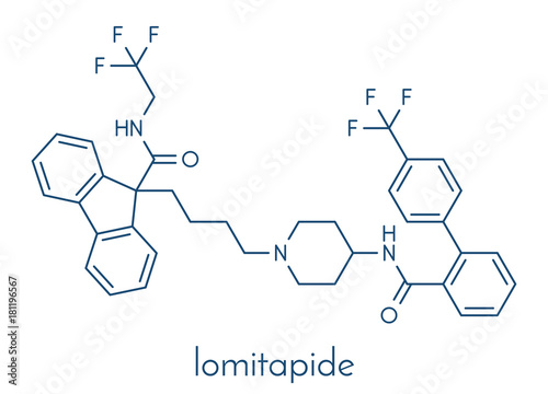 Lomitapide cholesterol lowering drug molecule. Used in treatment of homozygous familial hypercholesterolemia. Skeletal formula.