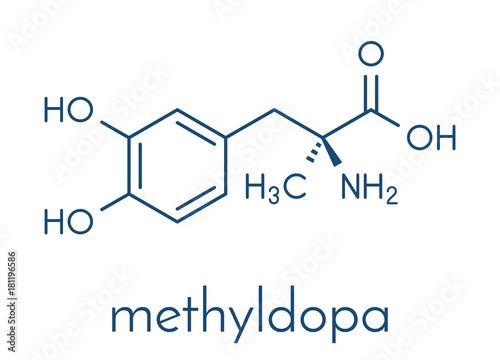 Methyldopa high blood pressure (hypertension) drug molecule. Skeletal formula.