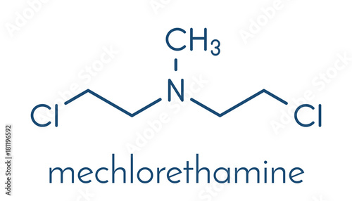 Chlormethine (mechlorethamine, mustine, HN2) cancer chemotherapy drug molecule. Nitrogen mustard compound also used a blister agent (chemical weapon). Skeletal formula.