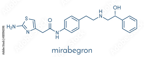 Mirabegron overactive bladder treatment drug molecule. Skeletal formula.