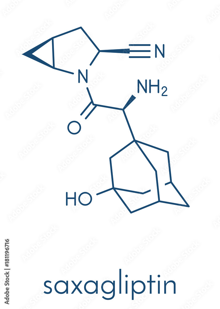 Saxagliptin diabetes drug molecule. Inhibitor of dipeptidyl peptidase-4 (DPP4). Skeletal formula. Saxagliptin diabetes drug molecule. Inhibitor of dipeptidyl peptidase-4 (DPP4). Skeletal formula.