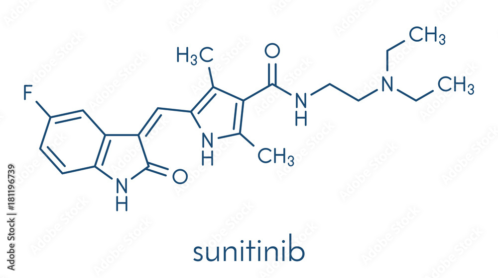 Sunitinib cancer drug molecule. Skeletal formula. Sunitinib cancer drug molecule. Skeletal formula.