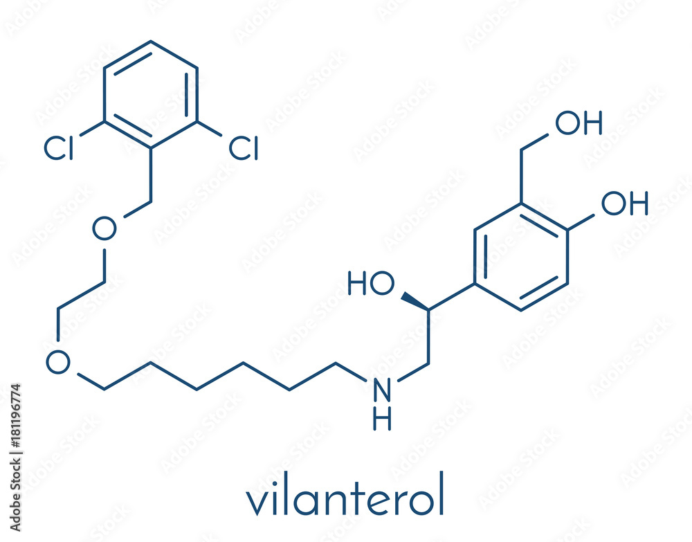 Vilanterol COPD drug molecule. Skeletal formula. Vilanterol COPD drug molecule. Skeletal formula.