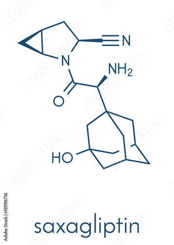 Saxagliptin diabetes drug molecule. Inhibitor of dipeptidyl peptidase-4 (DPP4). Skeletal formula.