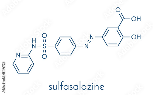Sulfasalazine drug molecule. Used in treatment of rheumatoid arthritis and inflammatory bowel disease (Crohn's disease and ulcerative colitis). Skeletal formula. photo