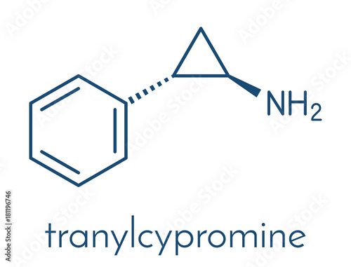 Tranylcypromine antidepressant and anxiolytic drug molecule. Irreversible inhibitor of the enzyme monoamine oxidase (MAO). Skeletal formula.