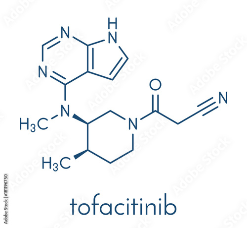 Tofacitinib rheumatoid arthritis drug molecule. Inhibitor of Janus kinase 3 (JAK3). Skeletal formula.