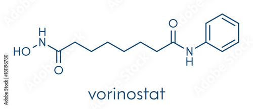 Vorinostat cutaneous T cell lymphoma drug molecule. Acts as histone deacetylase inhibitor. Skeletal formula. photo