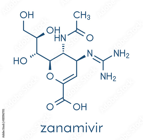 Zanamivir influenza virus treatment drug molecule. Skeletal formula.