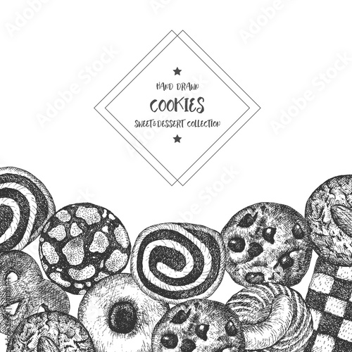 Cookies background design template. Vintage black and white illustration. Sweet and Baked vector element.