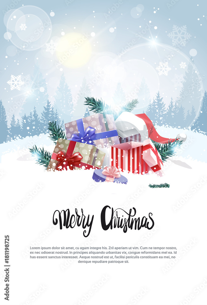 Christmas Banner with Copy Space Holiday Card Present Boxes In Snow Over Winter Forest View Vector Illustration Christmas Banner with Copy Space Holiday Card Present Boxes In Snow Over Winter Forest View Vector Illustration