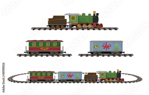 Vector Illustration: Merry christmas and Happy new year : Set retro train toys include Steam locomotive compartment container delivery and railroad tracks isolated on white background.