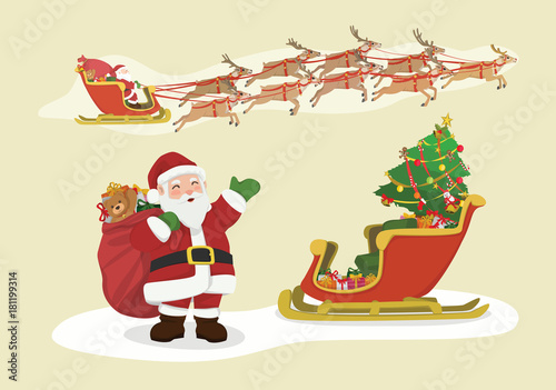 Vector Illustration Cartoon : Santa Claus carrying gift bag waving merry christmas greetings and and Santa on sleigh and reindeers procession of nine in legendary. isolated on white background.