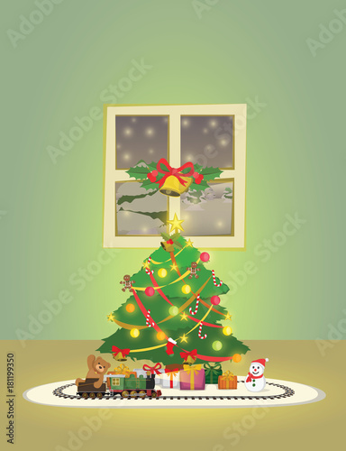 Vector Illustration Cartoon: Welcome Merry Christmas and Happy new year. Christmas tree at decor have lights shining glitter and many gifts. With toy steam locomotive at truck teddy bear runs around.
