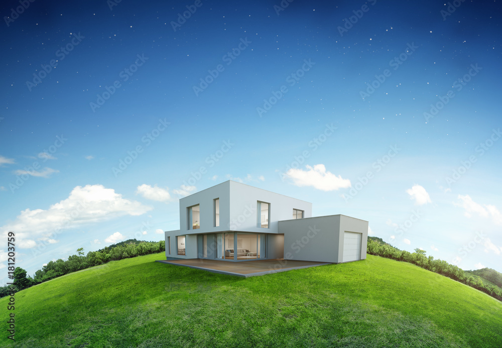 Modern house on earth and green grass with blue sky background in real