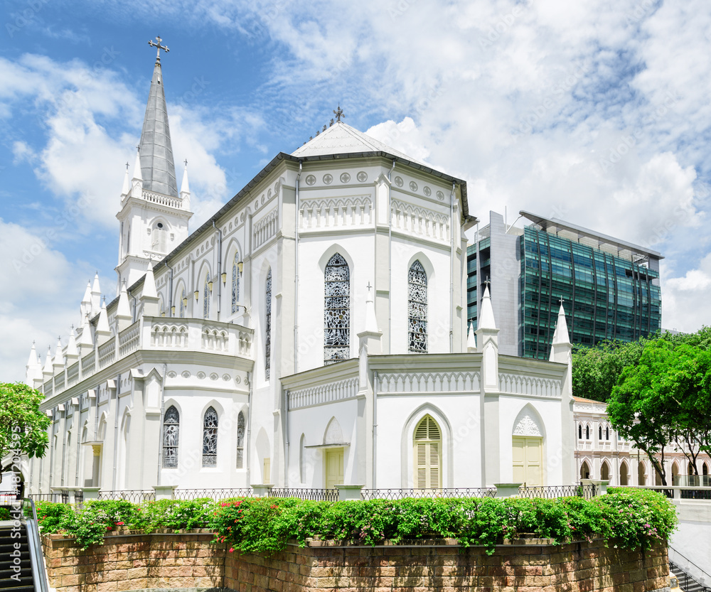White colonial building of old catholic church in Singapore