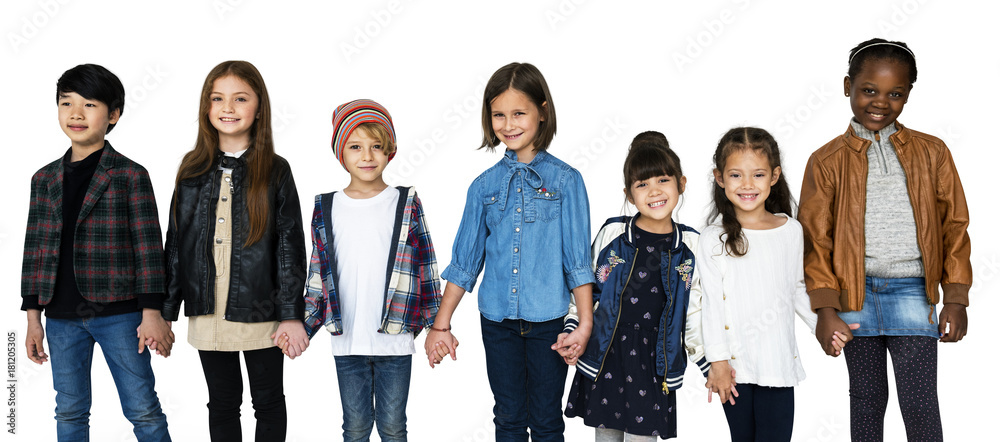 Group of Kids Holding Hands Face Expression Happiness Smiling on White Blackground