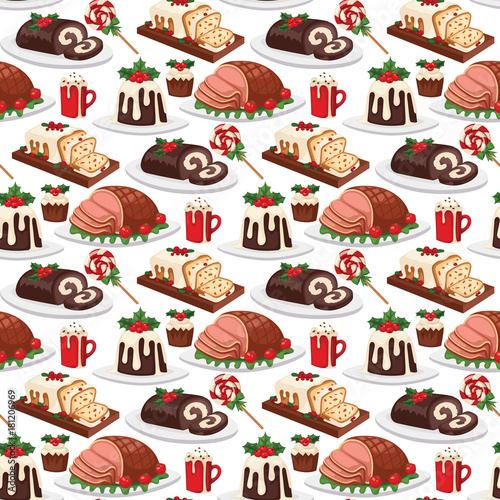 Christmas food and desserts holiday decoration xmas sweet celebration vector traditional festive winter cake homemade dish seamless pattern background.