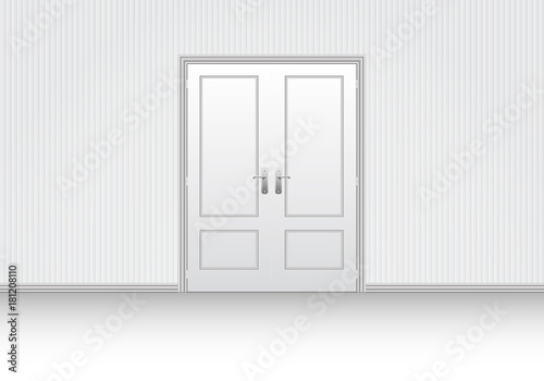 Realistic white room closed double door interior vector illustration.