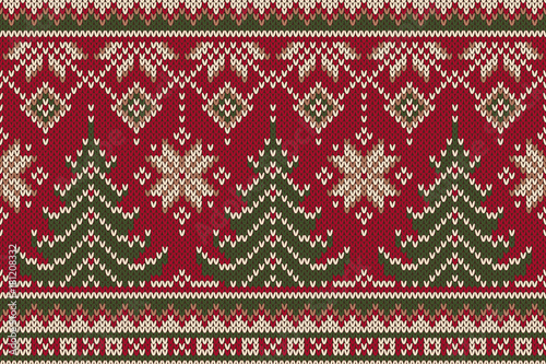 Winter Holiday Seamless Knitting Pattern with a Christmas Trees. Knitted Sweater Design. Wool Knit Texture