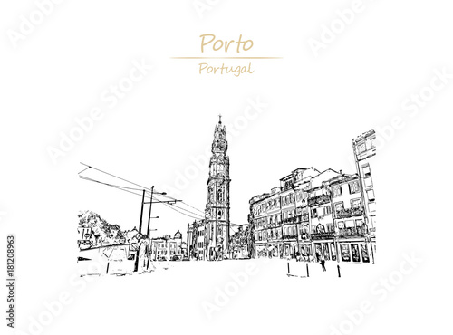 Hand drawn sketch of Clerigos Tower (1763), part of Clerigos Church, is one of paradigmatic architectural landmarks of Porto, Portugal in vector illustration. 
