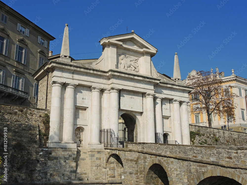 Bergamo - Old city. One of the beautiful city in Italy. Lombardia. Landscape on the old gate named Porta San Giacomo