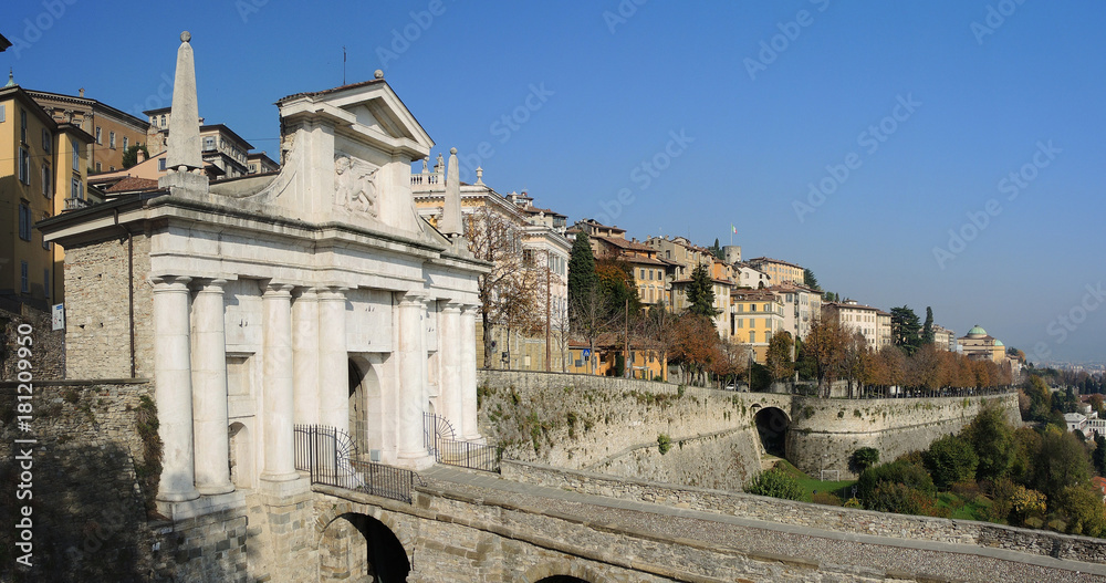 Bergamo, the old city. One of the beautiful city in Italy. Lombardia. Landscape on the old gate named Porta San Giacomo and historical buildings
