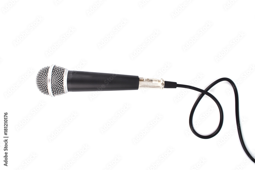 Obraz premium Black Microphone with cable isolated on white background