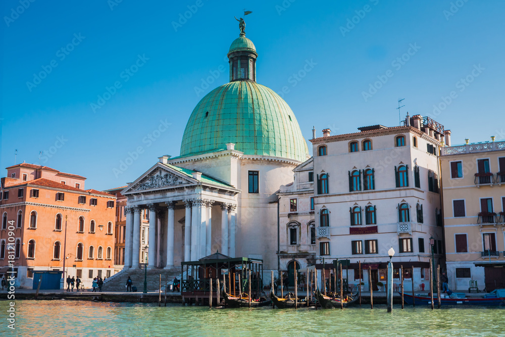 Venice City of Italy. View on Grand Canal, Venetian Landscape with boats and gondolas and ferrys