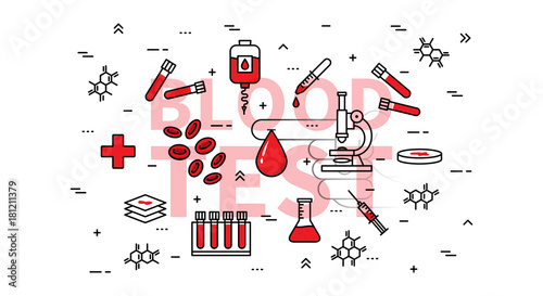 Blood test vector illustration. Medical blood research and examination line art concept. Blood drop and medical equipment graphic design.