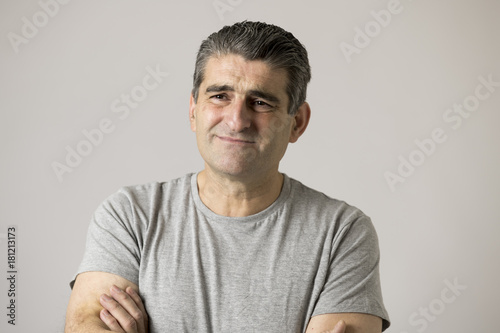 portrait of 40s to 50s sad and worried man looking frustrated and hopeless in stress and sorrow face expression isolated