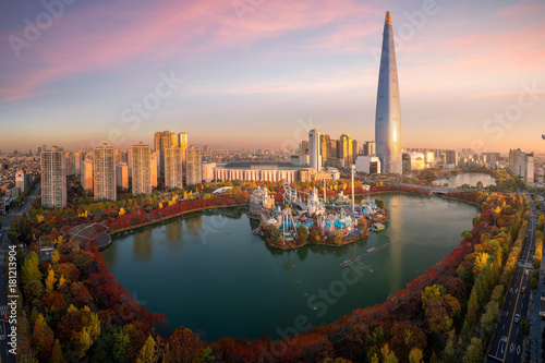 Travel point and Tower and building in Seoul city with autumn and fall park in Korea, Asia