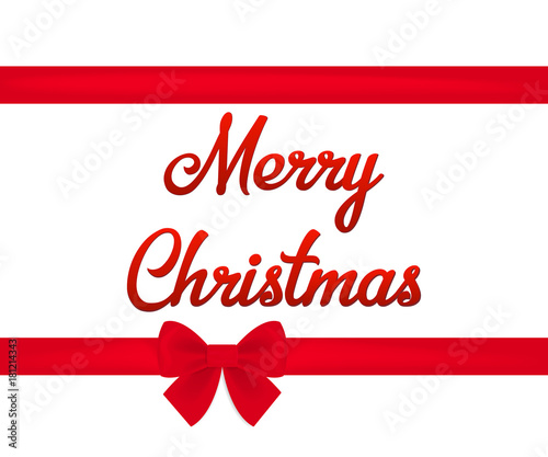 Red ribbon bow horizontal border and Merry Christmas text. Vector illustration.