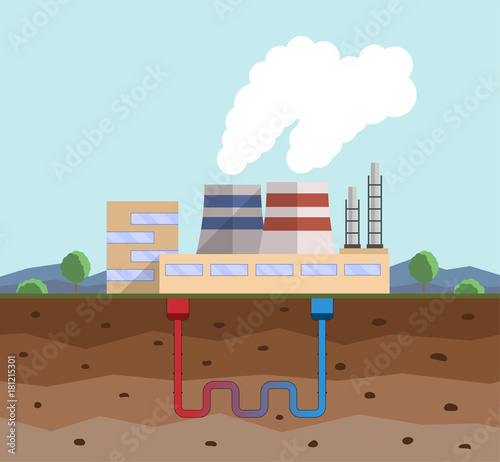 Geothermal energy concept. Eco friendly geothermal energy generation power plant. Green generating industry. Vector illustration.