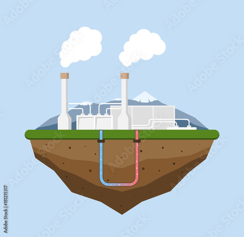 Geothermal energy concept. Eco friendly geothermal energy generation power plant. Green generating industry. Vector illustration.