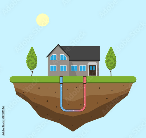 Geothermal green energy concept. Eco friendly house with geothermal heating and energy generation. Vector illustration.