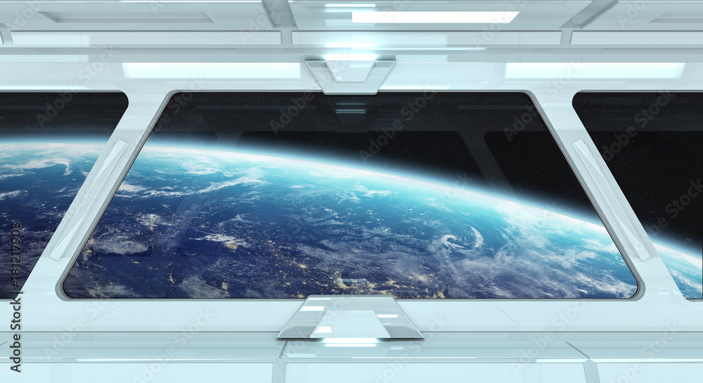 Fototapeta premium Spaceship corridor with view on the planet Earth 3D rendering elements of this image furnished by NASA