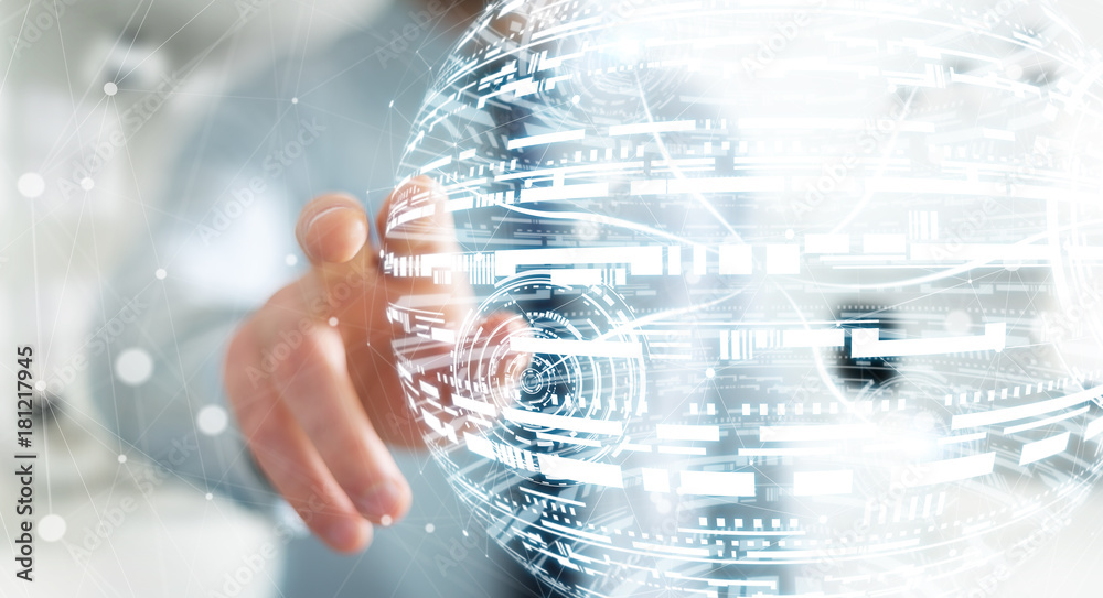 Businessman touching hologram sphere 3D rendering Businessman touching hologram sphere 3D rendering