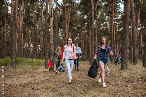 Young tourist group hiking together through the forest. Lifestyle of travelers. Team spirit.