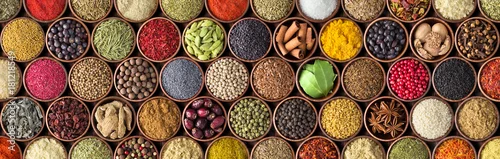Obraz  z motywem Different seasonings in cups. Spice background on the table