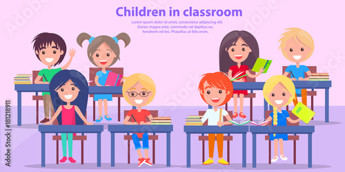 Children in Classroom Studying Vector Illustration