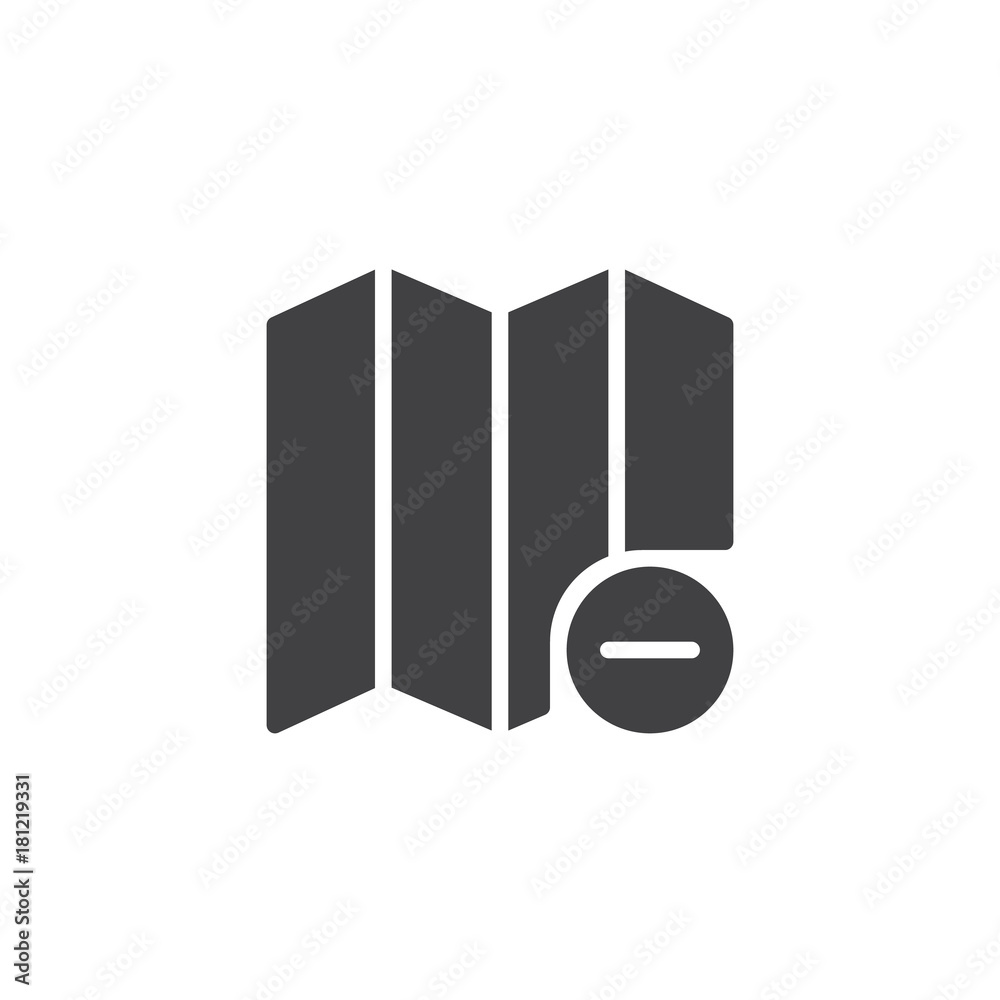 Map remove icon vector, filled flat sign, solid pictogram isolated on white. City map with minus sign symbol, logo illustration. Map remove icon vector, filled flat sign, solid pictogram isolated on white. City map with minus sign symbol, logo illustration.