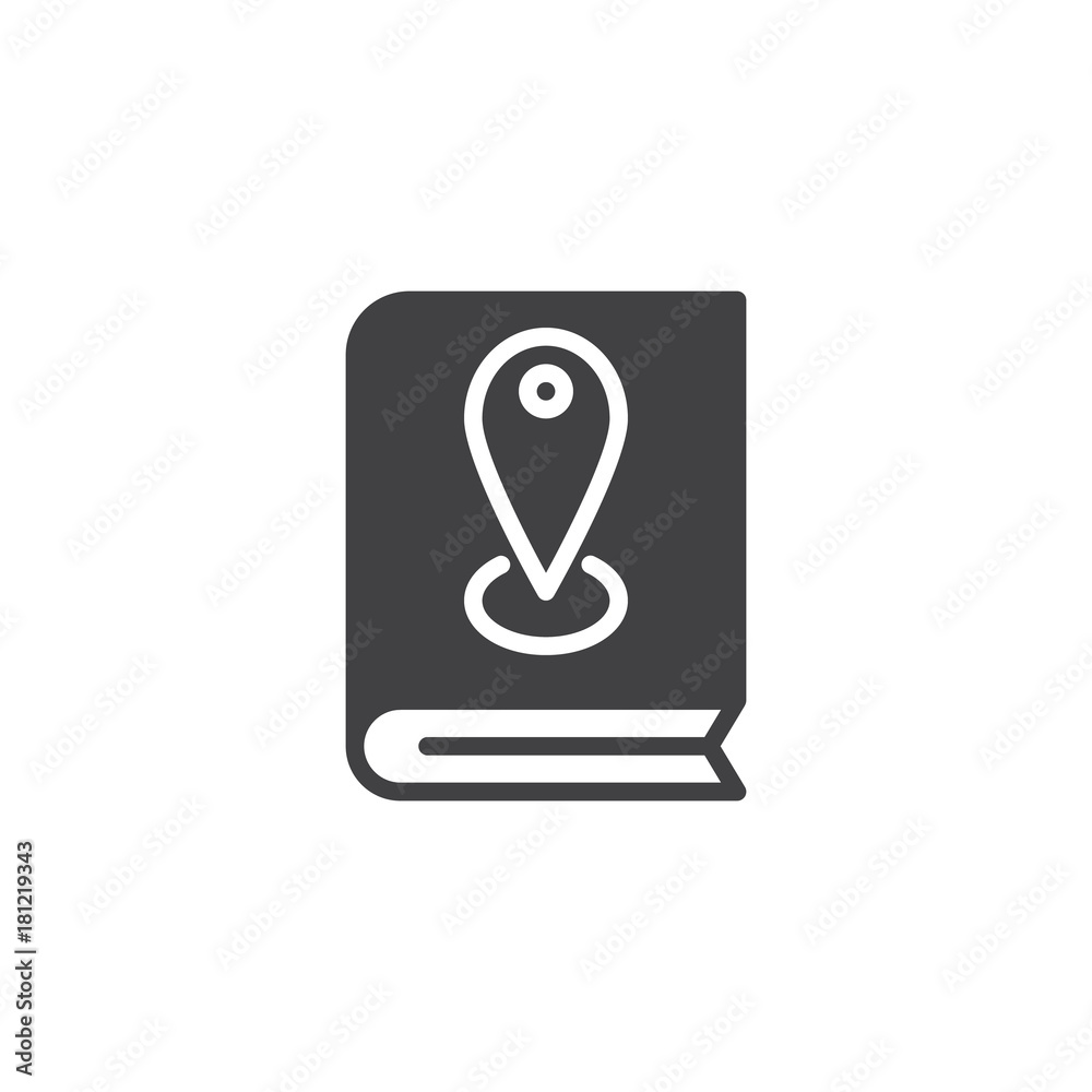Book with pin location icon vector, filled flat sign, solid pictogram isolated on white. Pin book symbol, logo illustration. Book with pin location icon vector, filled flat sign, solid pictogram isolated on white. Pin book symbol, logo illustration.